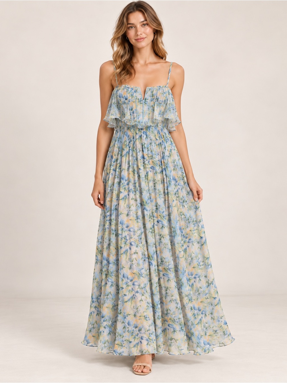 ASTR The Label Blue Yellow Floral Ruffle Maxi Dress Size S